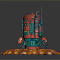 Red Green Mechanical Creature Character Standing On Orange Pink Organic Platform