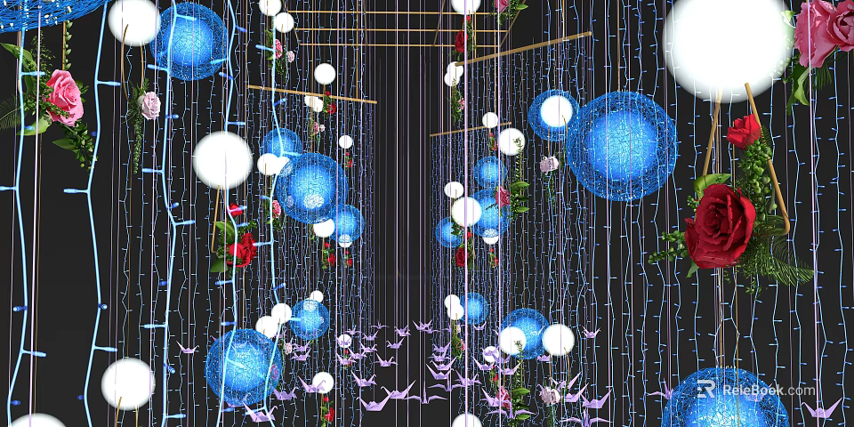 Decorative Hanging Ornaments with Blue White Spheres Red Roses and Pink Paper Cranes 3d model 