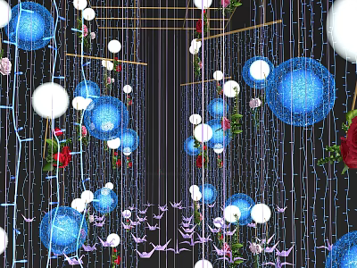 Decorative Hanging Ornaments with Blue White Spheres Red Roses and Pink Paper Cranes 3d model