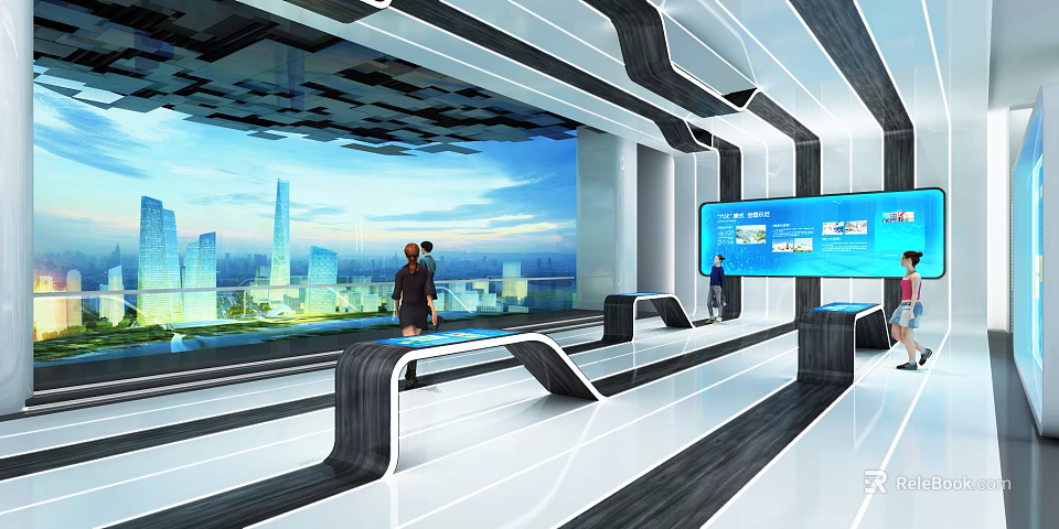 Bright Modern Exhibition Hall Featuring Large Screen Display And Interactive Counters With City View 3d model