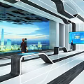 Bright Modern Exhibition Hall Featuring Large Screen Display And Interactive Counters With City View 3d model