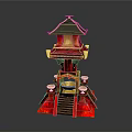 Traditional Architecture Scenery Featuring Red and Gold Pagoda with Black Roof Steps and Golden Decorations
