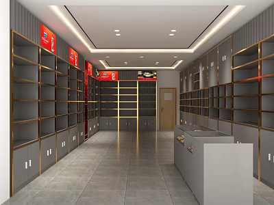 Modern Tobacco and Liquor Store Interior With Gold Shelves Lighting and Display Counters 3d model