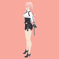 Woman with pink hair wearing glasses white shirt black skirt and mechanical device on shoulder