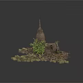 Modern Outdoor Decorative Scene With Stone Structure Green Plants And Scattered Rocks
