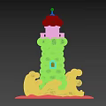 Decorative Lighthouse Photo Spot With Yellow Body Red Top And Wave Cloud Decorations