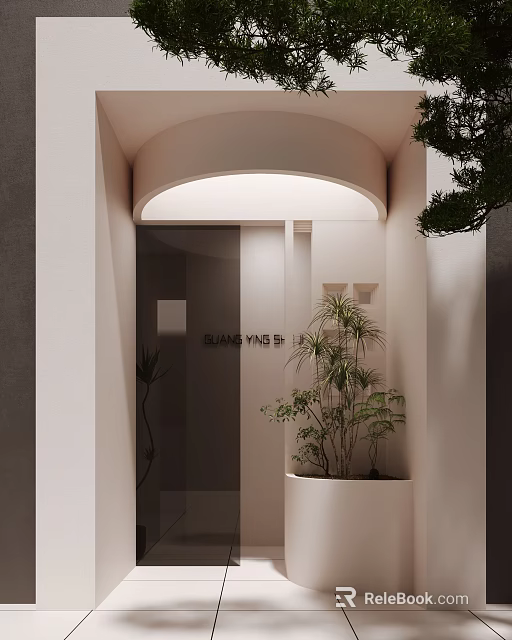 Modern Minimalist Storefront With Arched Design Glass Door And SUAN YING Signage 3d model 