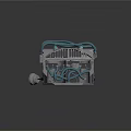 Vintage Metallic Storage Trunk With Teal Rope Accents Circular Lock Grid Pattern And Wheels