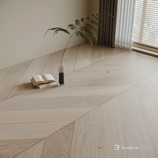 Natural Wood Floor With Herringbone Pattern Open Book Glass Vase And Potted Plant By Window 3d model 