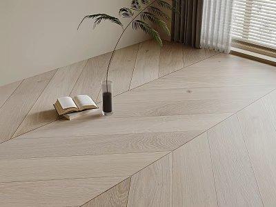 Natural Wood Floor With Herringbone Pattern Open Book Glass Vase And Potted Plant By Window 3d model