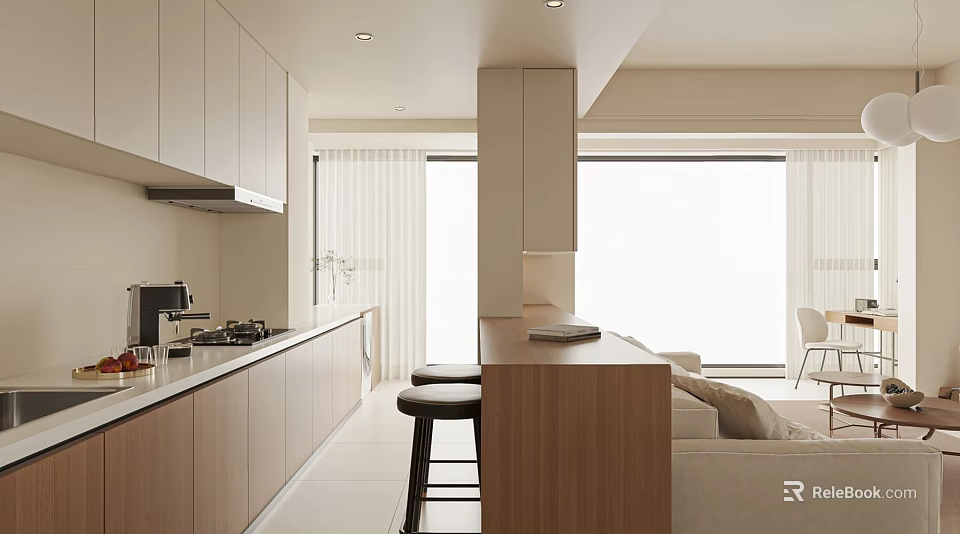 Modern Kitchen Interior With Wooden Island Counter Light Cabinets Large Windows And Bar Stools 3d model 