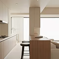 Modern Kitchen Interior With Wooden Island Counter Light Cabinets Large Windows And Bar Stools
