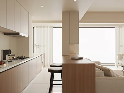 Modern Kitchen Interior With Wooden Island Counter Light Cabinets Large Windows And Bar Stools 3d model