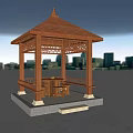 Traditional Wooden Pavilion With Carved Roof Stone Base And Bench