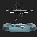 Illuminated Circular Art Installation With Hanging Bird Models And Blue Seating