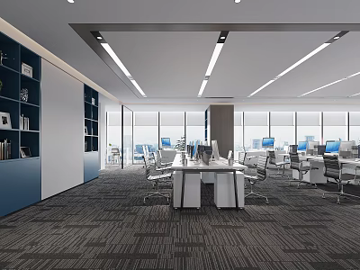 Modern Public Office Space Interior With Open Layout Office Desks Computers And Large Windows 3d model