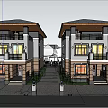 Twin Modern Detached Villas Exterior With Large Windows And Evening Lighting
