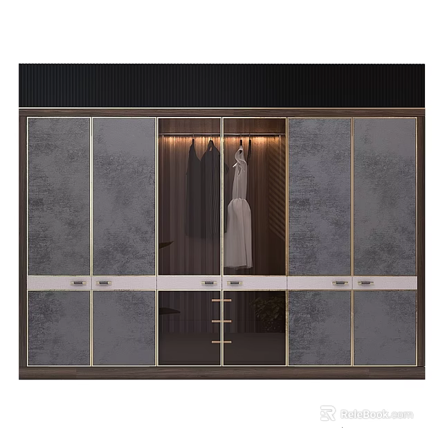 Modern Wardrobe Design With Glass Doors Metal Frames And Hanging Clothes Interior 3d model 
