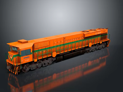 Orange Model Train With Green Trim And Black Wheels On Gray Reflective Surface 3d model