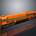 Orange Model Train With Green Trim And Black Wheels On Gray Reflective Surface
