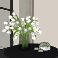 Clear Glass Vase With White Tulips On Round Table And Marble Tray Macarons