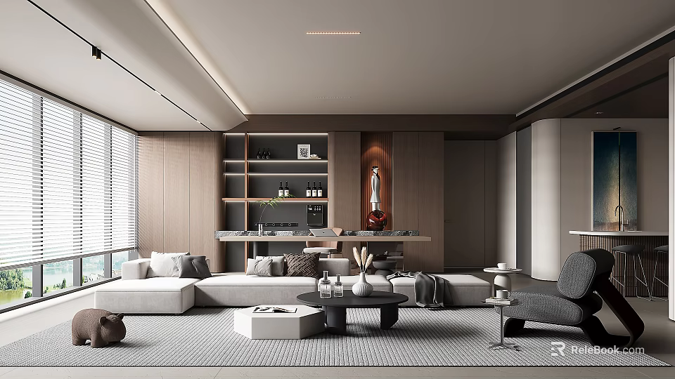 Modern Elegant Living Room Interior Design With Gray Sofa Wooden Coffee Table And Open Shelves 3d model 