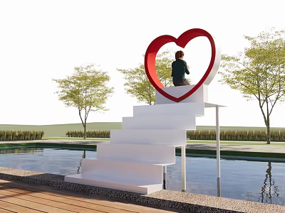 Outdoor Red Heart Shaped Structure With Person Sitting On White Stairs Near Pool And Trees 3d model