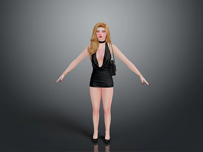 Woman In Black Sleeveless Dress With Handbag Standing Against Gray Background 3d model