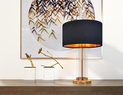 Decorative Ornament Set with Black Lampshade Glass Base Golden Metal Decorations and Bamboo Painting 3d model