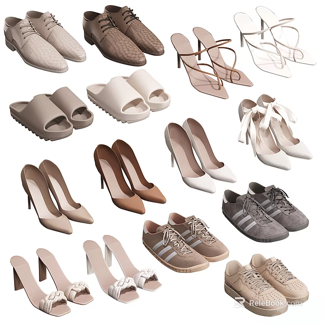 Fashionable Shoes Collection With Various Styles Heels Sneakers Sandals And Slides 3d model 