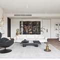 Modern Living Room Interior With Marble Fireplace White Sofa Black Armchair And Coffee Table