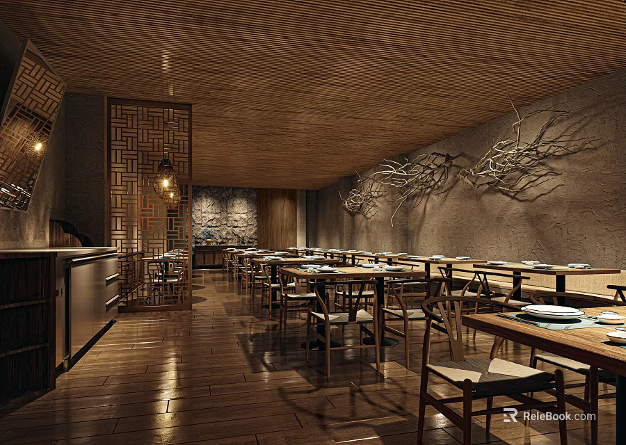 Japanese Restaurant Interior With Wooden Ceiling Grille Screens Dining Tables And Branch Wall Decor 3d model 