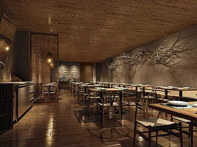 Japanese Restaurant Interior With Wooden Ceiling Grille Screens Dining Tables And Branch Wall Decor 3d model