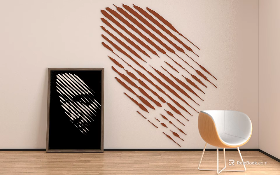 Abstract Painting With Brown Line Decor On Wall Wooden Floor And White Chair 3d model 