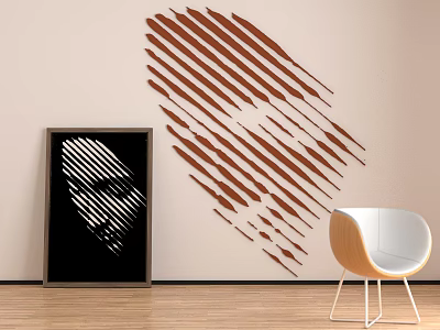 Abstract Painting With Brown Line Decor On Wall Wooden Floor And White Chair 3d model