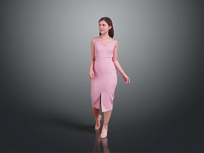 Little Girl In Pink Dress Walking Against Gray Gradient Background 3d model