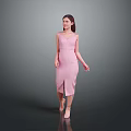Little Girl In Pink Dress Walking Against Gray Gradient Background