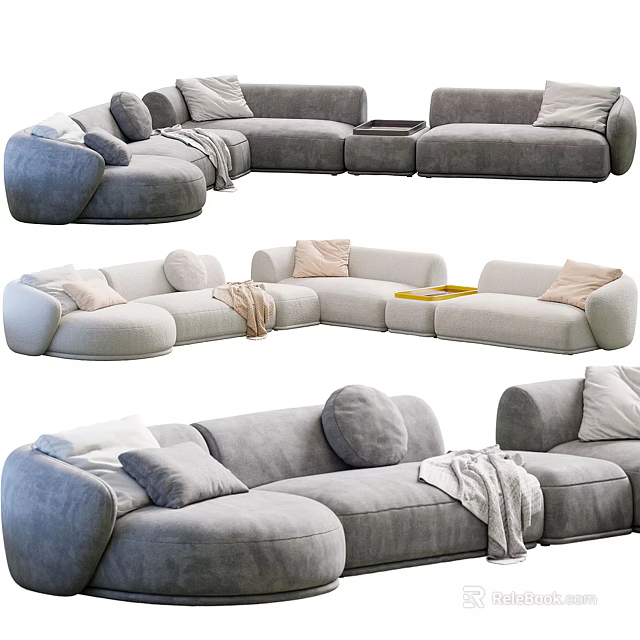 Modern Gray Sectional Sofa With Soft Pillows And Cozy Throw Blanket Design 3d model