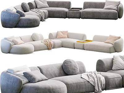 Modern Gray Sectional Sofa With Soft Pillows And Cozy Throw Blanket Design 3d model
