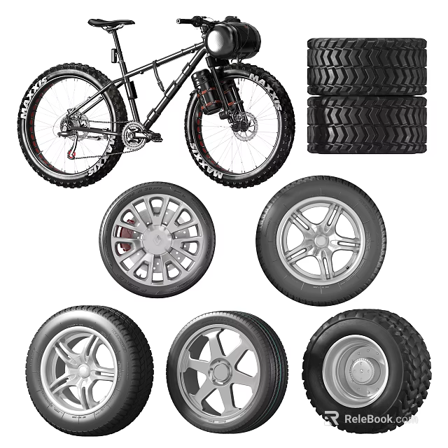 Various Types of Tires Featuring Bicycle Tires Stacked Car Tires and Rims 3d model 