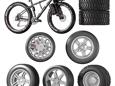 Various Types of Tires Featuring Bicycle Tires Stacked Car Tires and Rims 3d model