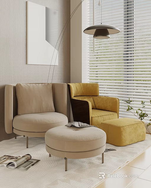 Modern Cozy Lazy Sofa In Beige And Yellow With Round Ottoman And Blinds 3d model 