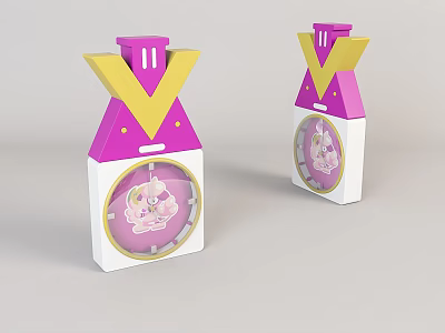 Pink and White Clocks with Yellow V Shaped Top Decorations and Cartoon Patterns in Dials 3d model