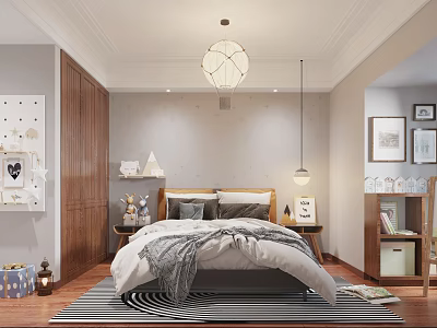 Charming Kids Room Interior Design With Bed Stuffed Toys Decorative Lamp Bookshelf And Soft Rug 3d model