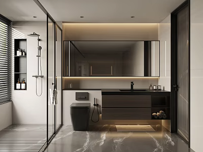 Modern Bathroom Interior Design With Glass Shower Marble Floor And Large Mirror 3d model