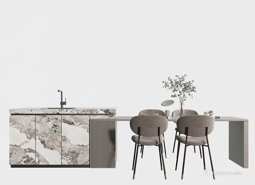 Modern Dining Table Set With Marble Countertop Gray Chairs And Decorative Plant 3d model