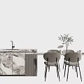 Modern Dining Table Set With Marble Countertop Gray Chairs And Decorative Plant 3d model