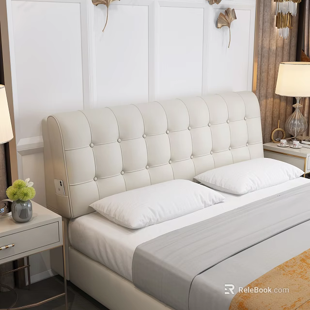 Modern Bedroom Interior With White Tufted Headboard Hinged Door And Table Lamp 3d model 