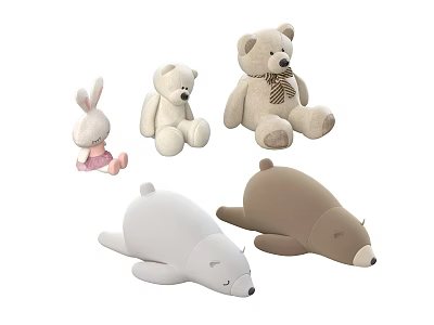 Cute Plush Toys Including Rabbit Teddy Bear Bow Tie and White Brown Seal 3d model