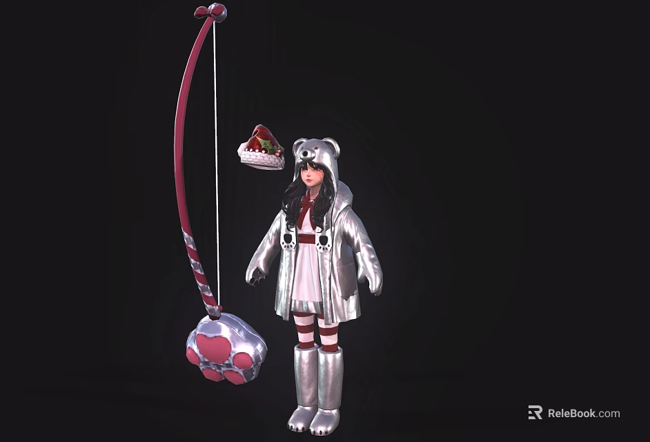 Game Movie Character With Bear Ear Headdress Red Bow Shark Head Decoration And Silver Outfit 3d model 